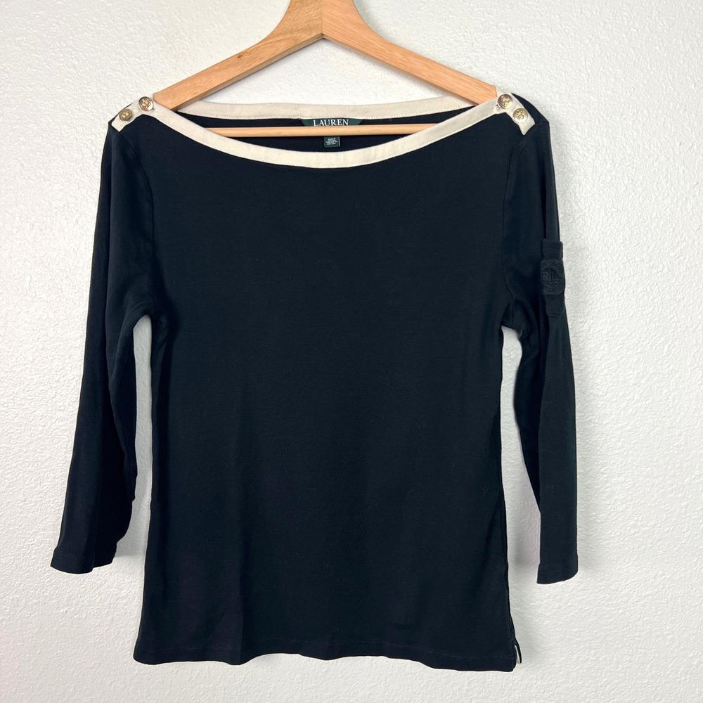 Lauren Ralph Lauren Black Nautical Boat Neck 3/4 Sleeve Button Top Large